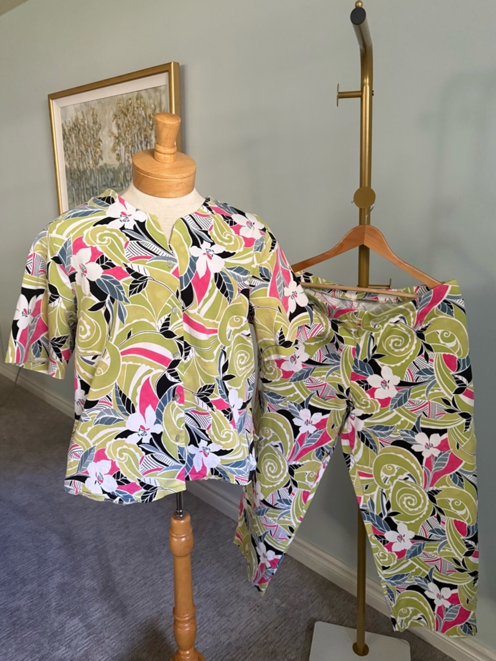 Vintage 90s Tropical 2PC Set Pants Top Bold Print Resort Plus 2X